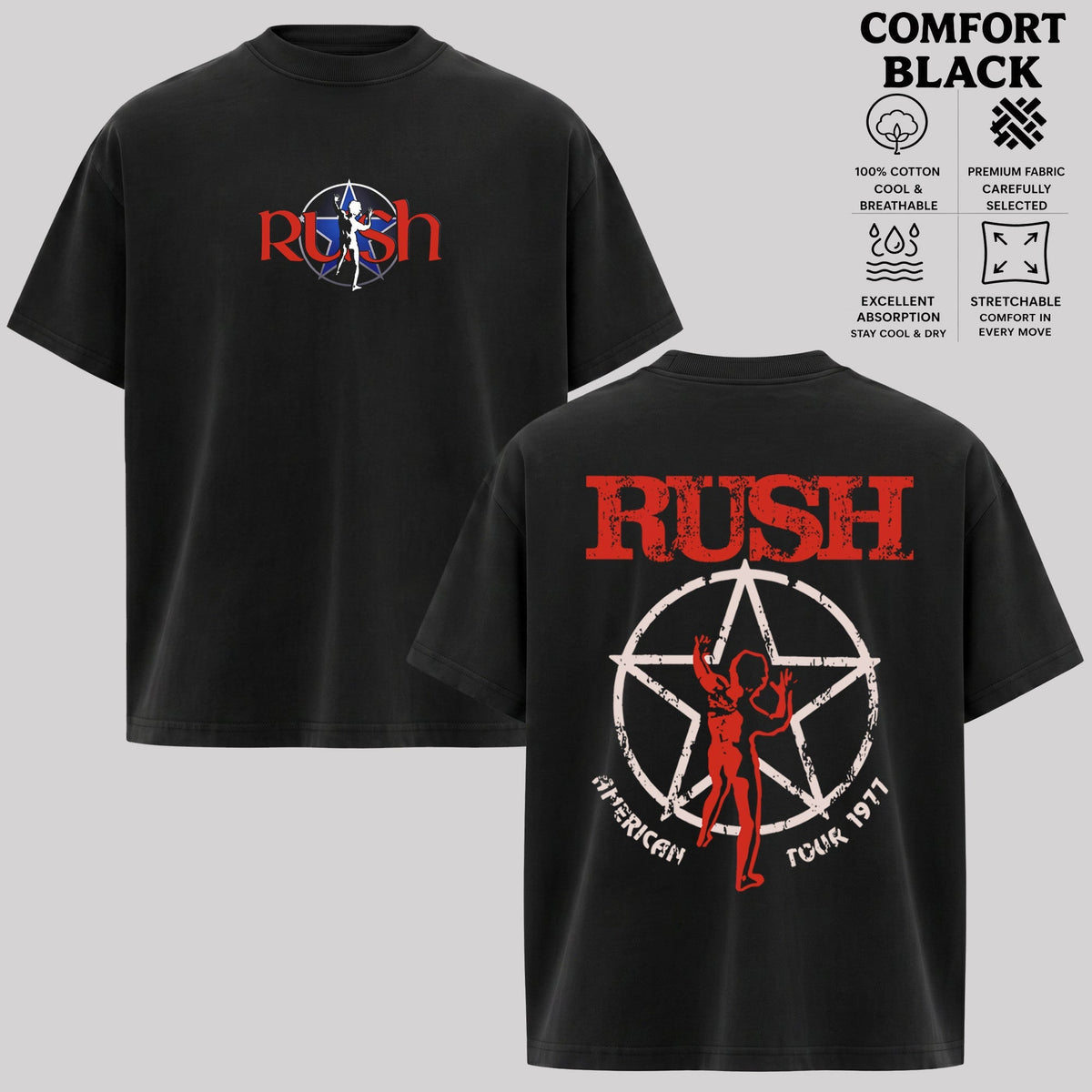 Rush American Tour 1977 Vintage Graphic T-Shirt Classic Rock Band Tee